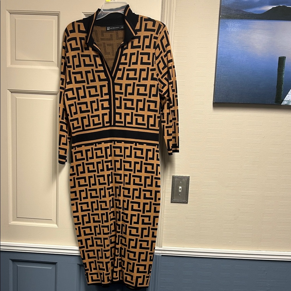 New York & Company Black and Tan Geometric Midi Dress